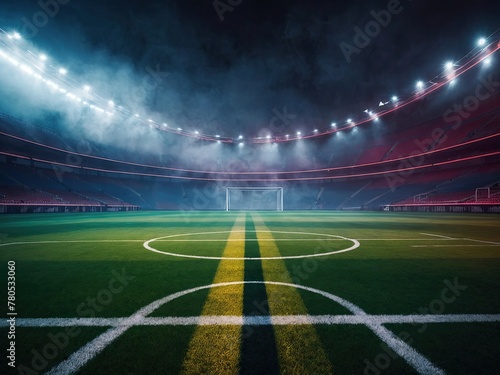 textured soccer game field with neon fog center, midfield, 3D Illustration photo