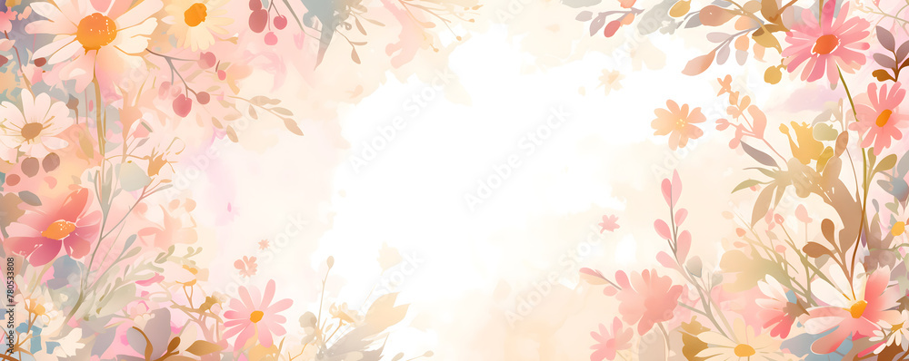 Dreamy pink daisy flowers hand drawn watercolor illustration over white backdrop for a Mother's Day greeting card template. Empty copy space for text