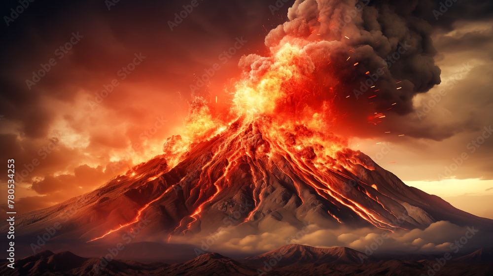 Volcanic eruption. Scenic view of volcanic mountain	