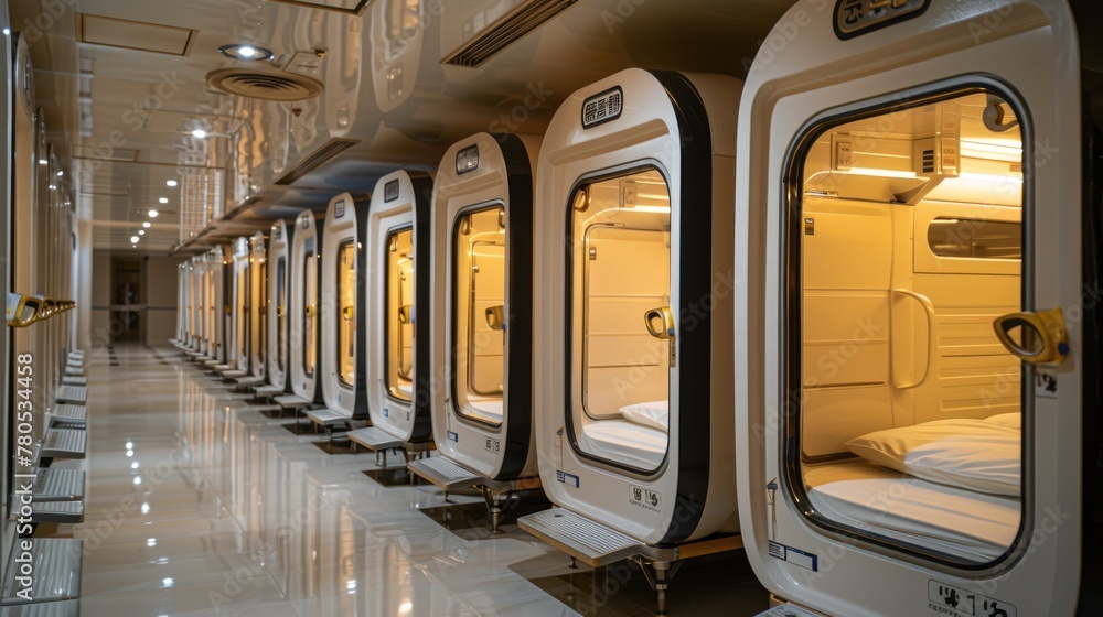 Naklejka premium Modern Capsule Hotel Interior. The inside view of a modern capsule hotel with a symmetrical arrangement of cozy sleeping pods illuminated by soft lighting