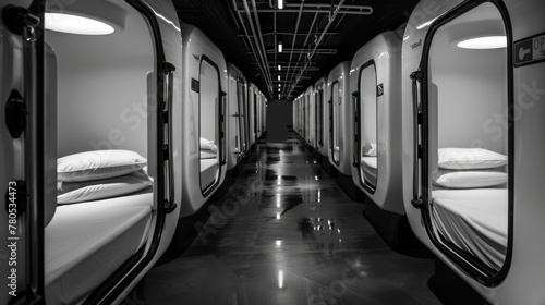 Sleek Capsule Hotel Design. The sleek black-and-white interior of a capsule hotel corridor, featuring futuristic capsule rooms for a modern, space-efficient accommodation experience