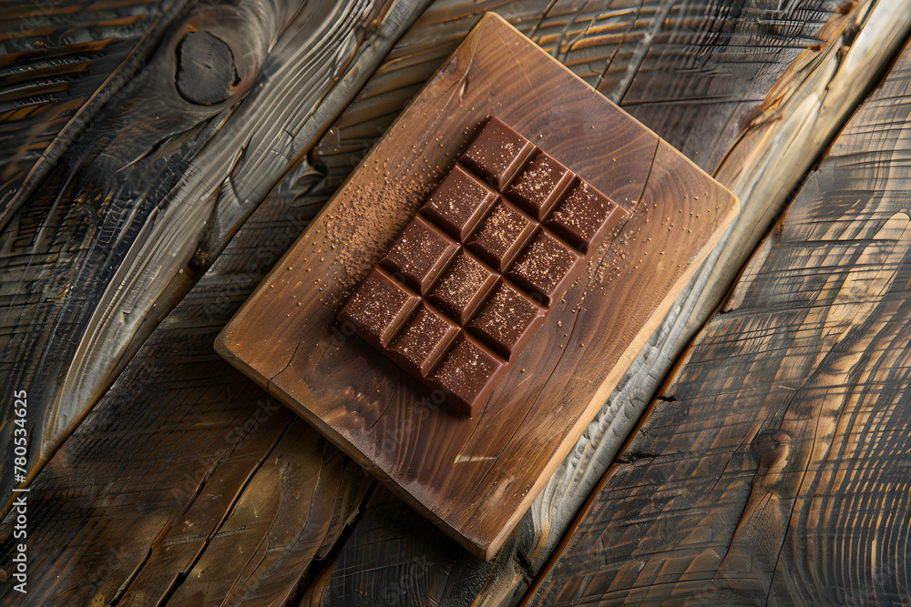 Milk chocolate on a wooden board from top down view Milk chocolate on a wooden board from top down view