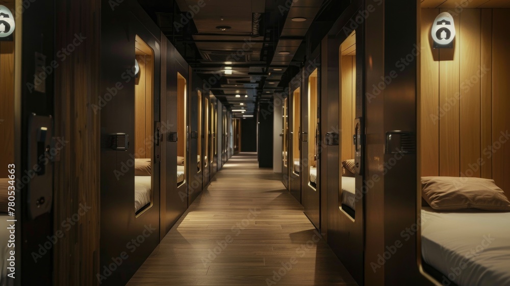 Modern Capsule Hotel Interior. The inside view of a modern capsule hotel with a symmetrical arrangement of cozy sleeping pods illuminated by soft lighting