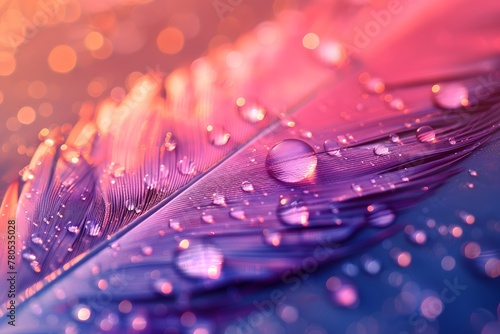 close-up bird feather with water drops on a pastel background with beautiful lighting