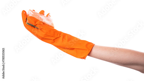 Persons Hand Wearing an Orange Glove photo