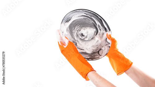 Person Wearing Orange Rubber Gloves Holding a Bucket