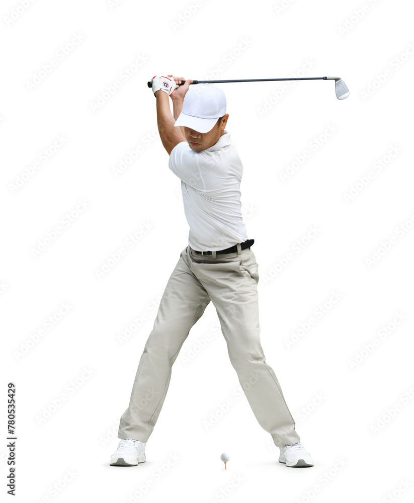 Naklejka premium Front view of Golfer iron club back swing before hitting golf ball isolated on white background.