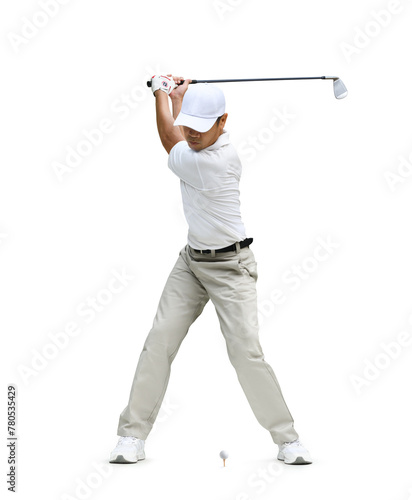 Front view of Golfer iron club back swing before hitting golf ball isolated on white background.