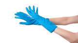 Person Wearing Blue Gloves With Hands Raised