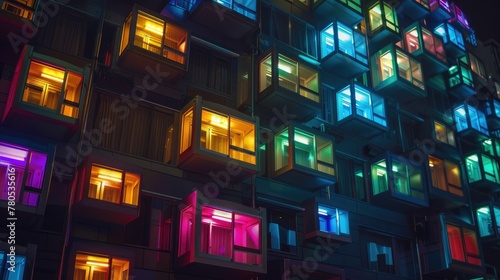 Colorful Capsule Hotel Façade. The exterior of a capsule hotel comes to life with vibrant neon-lit windows, offering a visually striking and modern guest experience photo
