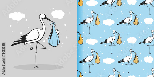 A stork is holding a baby bird in its beak. Seamless pattern for gift paper, fabric, print 07