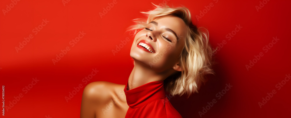 portrait of a blonde beautiful woman on a red background abstract portrait of a blonde beautiful woman on a red background abstract