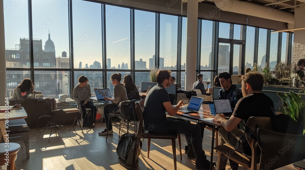 A group of people are sitting at tables in a large room with a view of the city. They are all working on their laptops, with some of them having backpacks and handbags nearby A group of people are sitting at tables in a large room with a view of the city. They are all working on their laptops, with some of them having backpacks and handbags nearby