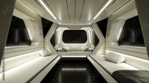 Futuristic Capsule Living Space. A monochromatic, high-tech capsule living space featuring modern design elements, creating an ambiance of a sophisticated and futuristic sleeping area