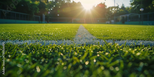 Sunset Glow on a Serene Soccer Field with Lush Green Grass