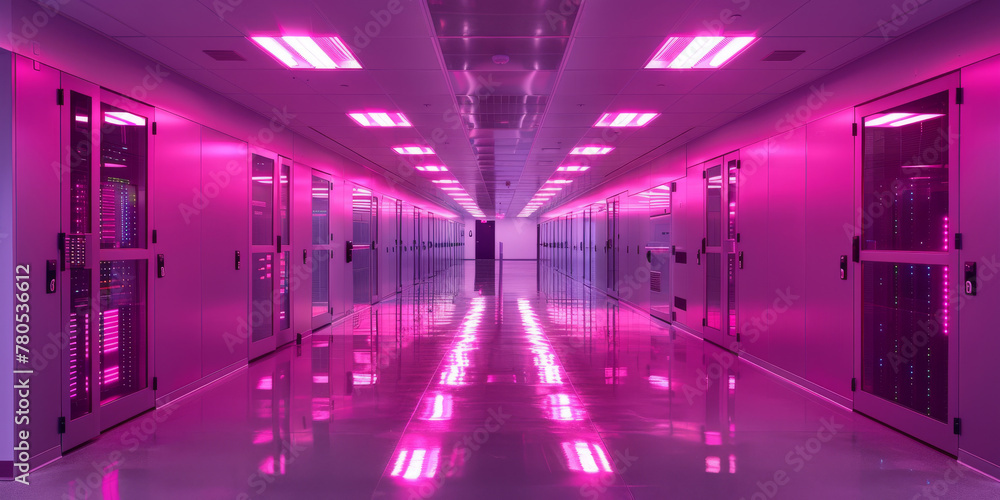 Futuristic Data Center Hallway Illuminated with Pink Neon Lights