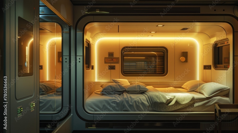 Cozy Modern Capsule Hotel Bedroom. A serene, modern capsule hotel bedroom bathed in warm lighting, featuring a comfortable bed with white linens and a unique window reflecting the interior design Cozy Modern Capsule Hotel Bedroom. A serene, modern capsule hotel bedroom bathed in warm lighting, featuring a comfortable bed with white linens and a unique window reflecting the interior design