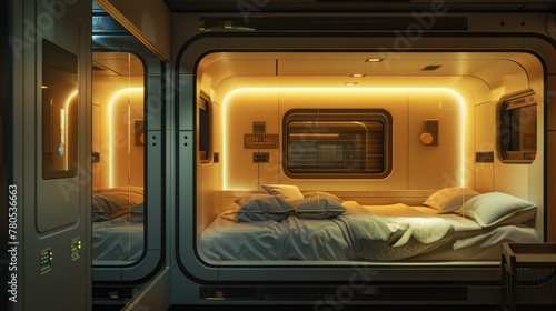 Cozy Modern Capsule Hotel Bedroom. A serene, modern capsule hotel bedroom bathed in warm lighting, featuring a comfortable bed with white linens and a unique window reflecting the interior design