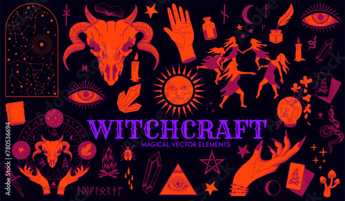 A magical collection of vector witchcraft and spells design elements with dancing witches, crystal stones, hands and spell books.