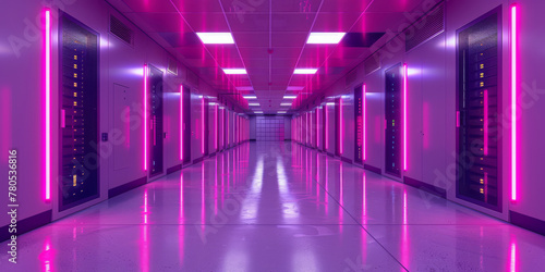 Futuristic Data Center Hallway with Neon Lights