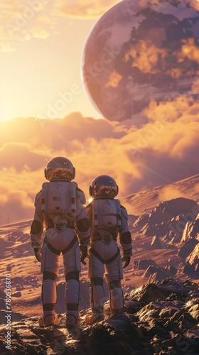 An astronaut duo, against the backdrop of a vast alien landscape, gazing at a distant earthlike planet rising over the horizon