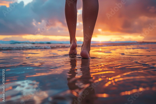 Legs immersed in the tranquil ocean at sunset, capturing the peaceful and serene moment of relaxation as the sun sets over the horizon, reflecting warm hues on the water