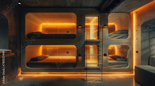 A warm, wood-paneled capsule hotel with individual cubicles, each a cozy nook of privacy and comfort for the modern traveler © Rodica
