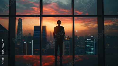 A man stands in front of a city skyline at sunset. The sky is orange and the buildings are lit up at night. The man is looking out the window, taking in the view of the city
