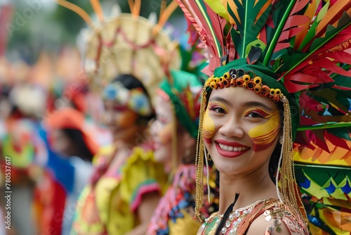 A woman wearing a colorful costume and a large headdress is smiling for the camera. The image captures a festive atmosphere, likely at a cultural event or celebration photo