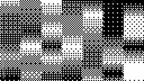 Halftone Pixel Dithering Square Tiles Pattern. Vintage 1-bit Game Background. Vector Illustration. Pixel Halftone Bitmap Raster Effect. Random Tiles Generative Art.