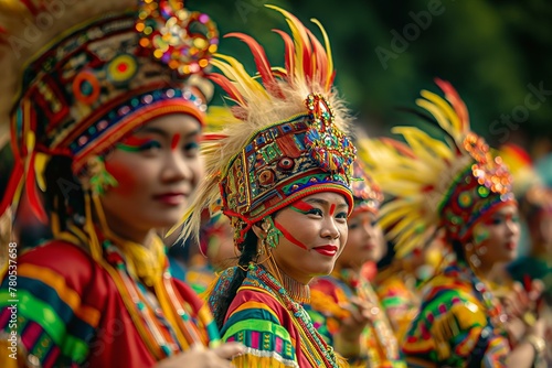 A group of women wearing colorful headdresses and traditional clothing. They are smiling and posing for a photo