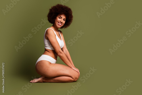No filter photo of charming pretty lady underwear lingerie loving body positive empty space isolated khaki color background