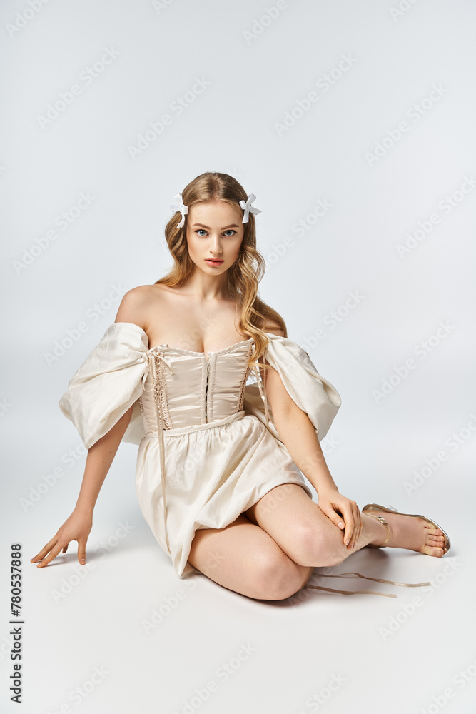 Obraz premium A young, blonde woman in a white dress sits elegantly on the ground in a serene studio setting.