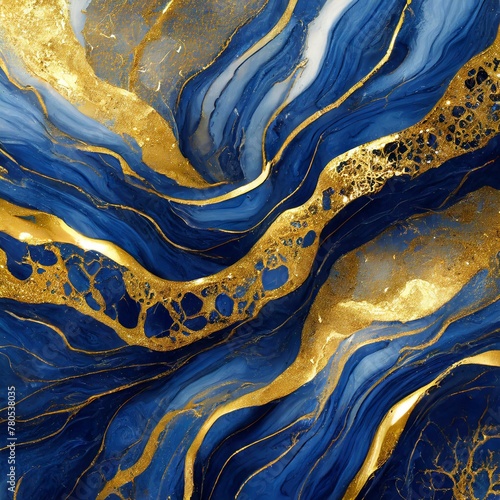 Golden Seabed: Indigo Blue Marble Background Adorned with Gold Accents