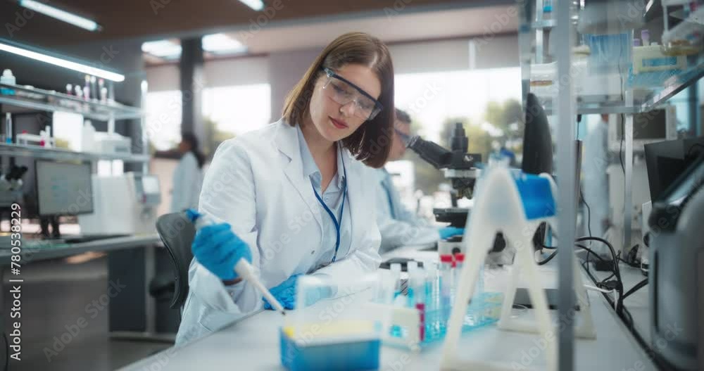 Caucasian Female Research Scientist Using Micropipette to Mix Liquids in a Test Tube in a Modern Laboratory. Scientists are Conducting Research with the Help of Microscopes and Desktop Computers Caucasian Female Research Scientist Using Micropipette to Mix Liquids in a Test Tube in a Modern Laboratory. Scientists are Conducting Research with the Help of Microscopes and Desktop Computers