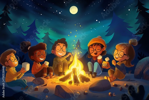 A group of children are sitting around a campfire, enjoying each other's company. Scene is warm and friendly, as the children are smiling and laughing together. The scene is set in a forest