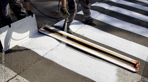 a man draws the markings of a pedestrian path on the asphalt using a spray gun according to a template.