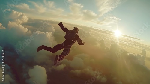 A man is flying through the air with a parachute. The sky is cloudy and the sun is shining