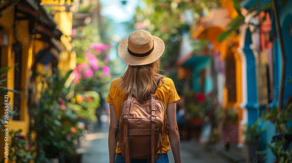 Obraz premium A woman wearing a straw hat and a yellow shirt is walking down a colorful street. She is carrying a backpack and a handbag