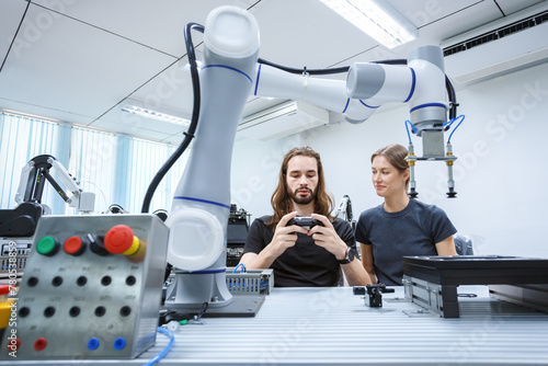 automation machine engineer students study and inspection control robot arm machine in robotics engineering academy at university or factory workshop. AI robot technology, future innovation trend.