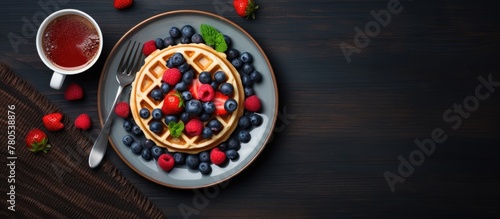 Gourmet diet breakfast with waffles and donut on dining table, top view, along with fruit, coffee, and cutlery for wellness and nutrition.