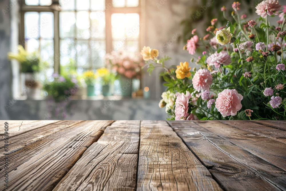 Rustic Wooden Table with Blooming Flowers by Sunny Window Rustic Wooden Table with Blooming Flowers by Sunny Window