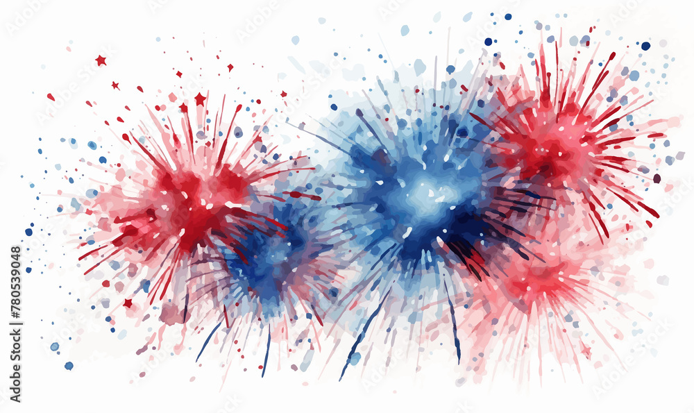 4th of July independence day poster, banner, flyer, background, template. USA flag colour fireworks on white background. Watercolor illustration 4th of July independence day poster, banner, flyer, background, template. USA flag colour fireworks on white background. Watercolor illustration