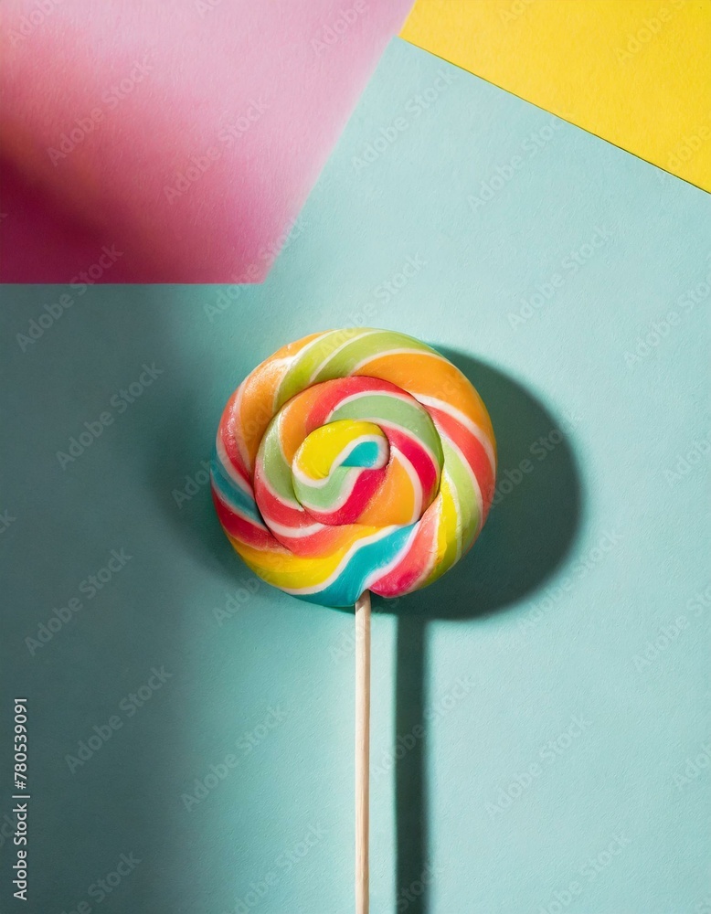 A vibrant lollipop with a spiral design, positioned in the lower corner of a bright, solid-colored background A vibrant lollipop with a spiral design, positioned in the lower corner of a bright, solid-colored background