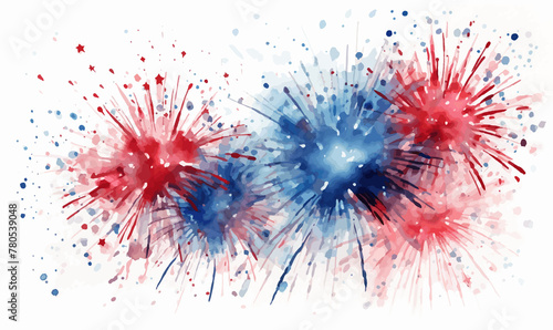 4th of July independence day poster, banner, flyer, background, template. USA flag colour fireworks on white background. Watercolor illustration photo