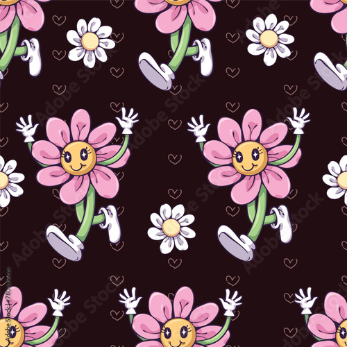 Seamless pattern of smiling face flower with black background, It's a that looks groovy and funky. Pattern for fabric and wrapping paper, design wallpaper and fashion prints.