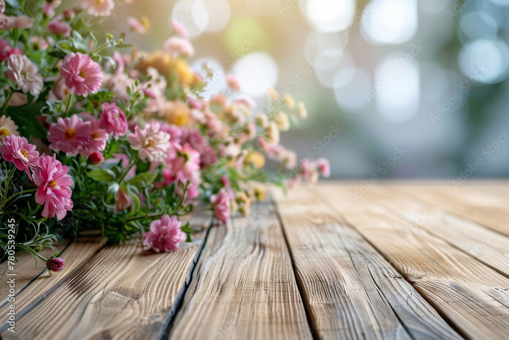 Vibrant Spring Flowers on Wooden Deck, Morning Light Bokeh Background Vibrant Spring Flowers on Wooden Deck, Morning Light Bokeh Background