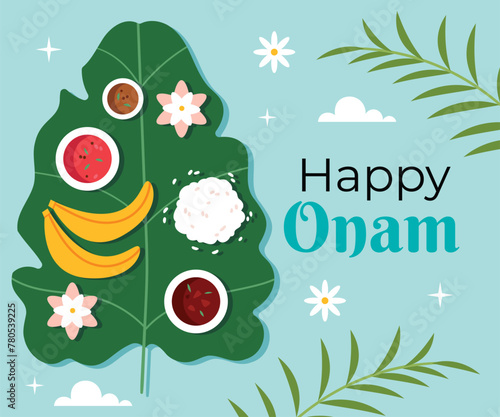 Diwali festival vegetarian food Kerala.Traditional Onam sadhya rice Sambar, Rasam, parippu dal curry ghee Pappadom Payasam on banana leaf Onam Vishu Pongal