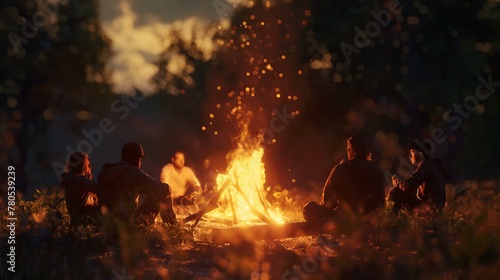 A group of people are sitting around a fire in a forest. The fire is bright and the people are enjoying the warmth and light it provides. The scene is peaceful and relaxing