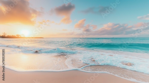 The ocean is calm and the sky is a beautiful orange and pink color. The sun is setting, creating a warm and peaceful atmosphere
